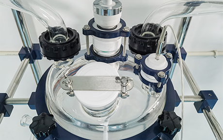 100L beklede glasreactor detail - Totaal 6 poorten op reactiedeksel, voor motor, condensor, temperatuursensor, vaste toevoeging, ontluchting en trechtertank. PTFE-afdichting.