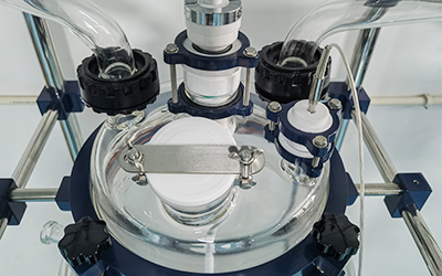 200L beklede glasreactor detail - Totaal 6 poorten, voor motor, vaste toevoeging, temperatuursensor, condensor, voedingstank, ontluchting.