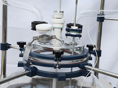 200L enkellaagse glazen reactor detail - Totaal 6 poorten op reactiedop, roeren, temperatuursensor, vaste voeding, luchtafgifte, vloeibare voeding, reflux.